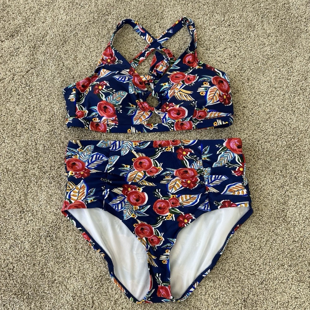 Island Rays 1X Ring Bralette & Bottom Bright Colors Swimsuit Floral Poppies High